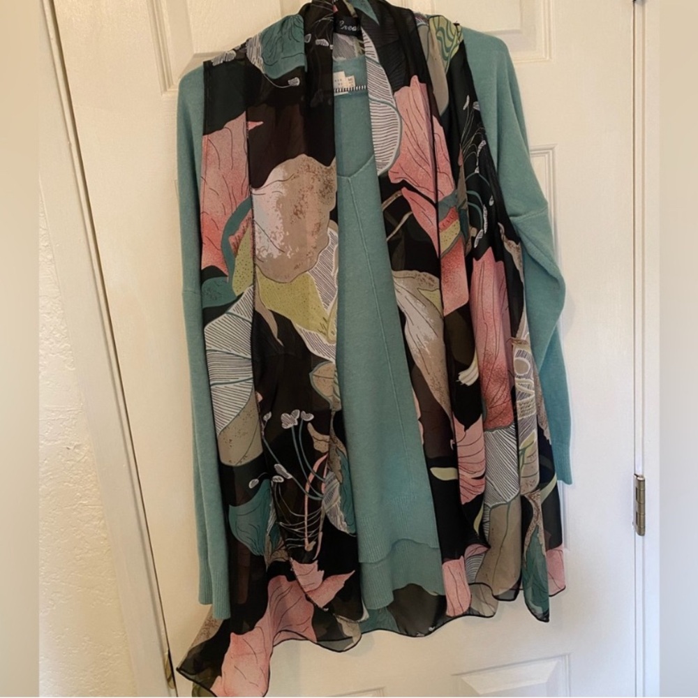 Creation Floral Scarf Vest Pink Green Cream